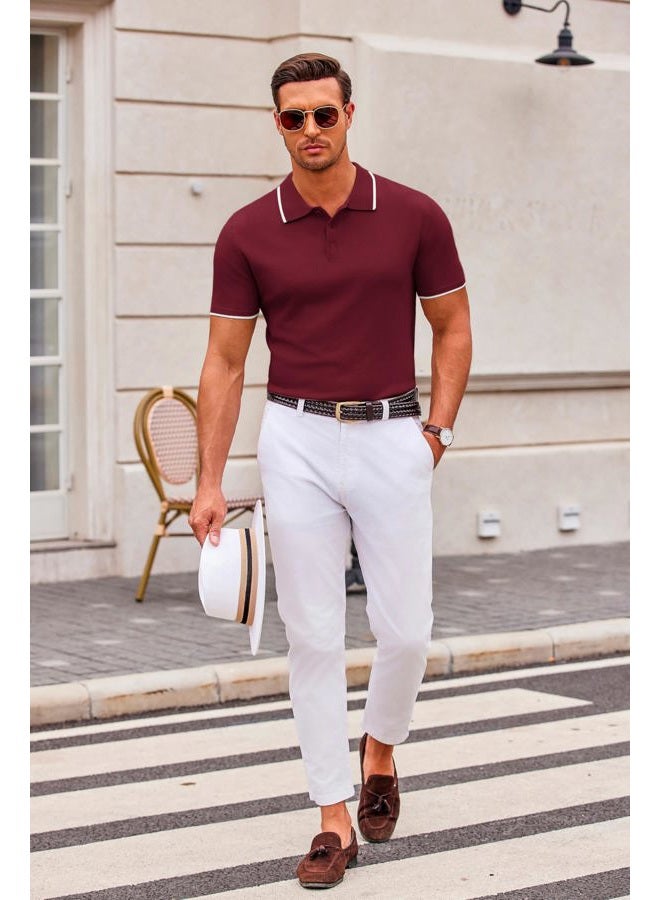 COOFANDY Mens Knit Polo Shirts Casual Short Sleeve Button Down Polo Shirt Classic Golf Shirts, E-wine Red White Striped, M - Image 4