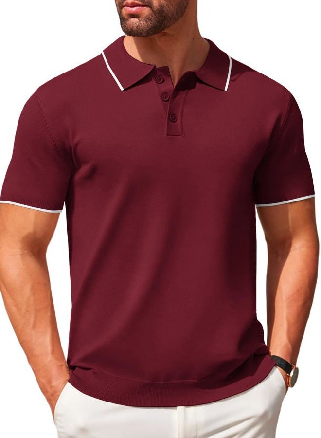 COOFANDY Mens Knit Polo Shirts Casual Short Sleeve Button Down Polo Shirt Classic Golf Shirts, E-wine Red White Striped, M - Image 1