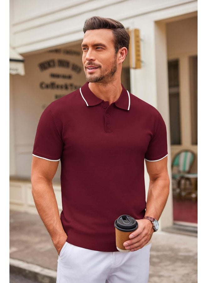 COOFANDY Mens Knit Polo Shirts Casual Short Sleeve Button Down Polo Shirt Classic Golf Shirts, E-wine Red White Striped, M - Image 2