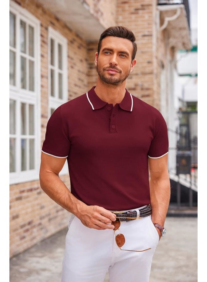 COOFANDY Mens Knit Polo Shirts Casual Short Sleeve Button Down Polo Shirt Classic Golf Shirts, E-wine Red White Striped, M - Image 3