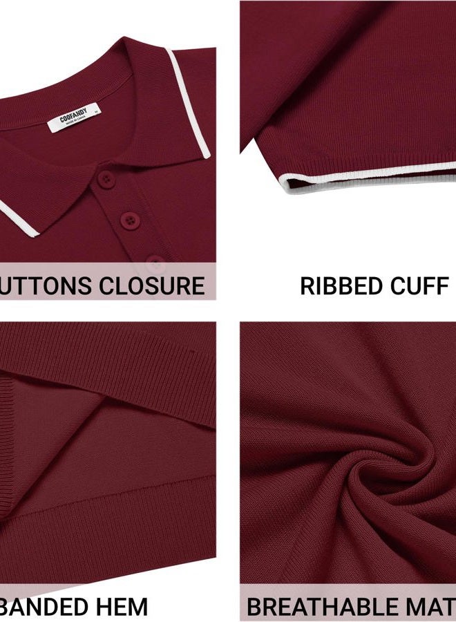 COOFANDY Mens Knit Polo Shirts Casual Short Sleeve Button Down Polo Shirt Classic Golf Shirts, E-wine Red White Striped, M - Image 5