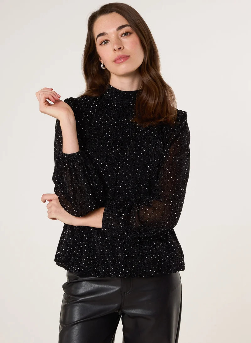 بلو فانيلا Rhinestone Shoulder Pad Puffball Blouse