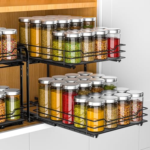 RCHYFEED Spice Rack Organizer for Cabinet, 2 Tier Pull Out Spice Racks for Inside Cabinets & Pantry, Height Adjustable Heavy Duty Vertical Spice Shelf for Seasoning Organizer(9.5" Wx10.5 Dx9.5 H) - Image 1