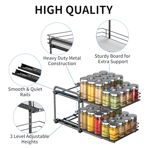 RCHYFEED Spice Rack Organizer for Cabinet, 2 Tier Pull Out Spice Racks for Inside Cabinets & Pantry, Height Adjustable Heavy Duty Vertical Spice Shelf for Seasoning Organizer(9.5" Wx10.5 Dx9.5 H) - Image 3