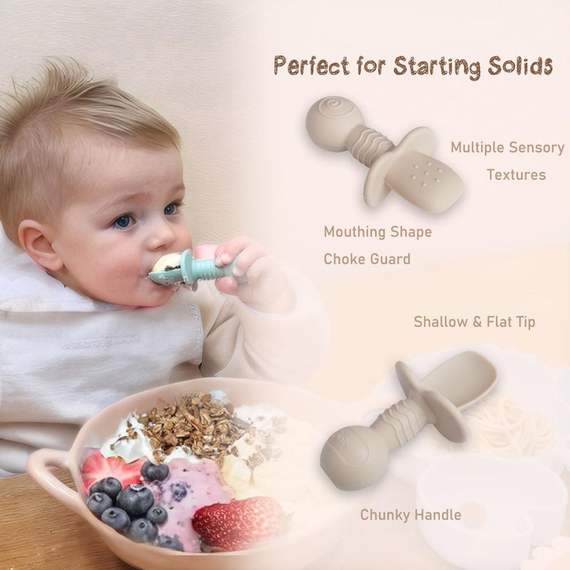 Ginbear Platinum Silicone Baby Spoons Self Feeding 6 Months First Stage, Non Toxic Infants Led Weaning Utensils for Training, Soft BLW Supplies Pack of 4 (Hazy Green/Pink) - Image 4