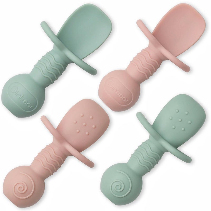 Ginbear Platinum Silicone Baby Spoons Self Feeding 6 Months First Stage, Non Toxic Infants Led Weaning Utensils for Training, Soft BLW Supplies Pack of 4 (Hazy Green/Pink) - Image 1