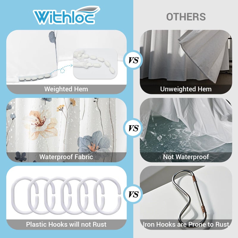 WITHLOC Waterproof Shower Curtain Set with Hooks - Watercolor Blue Beige Floral Plant Shower Curtains for Bathroom, 72 x 72 - Image 2