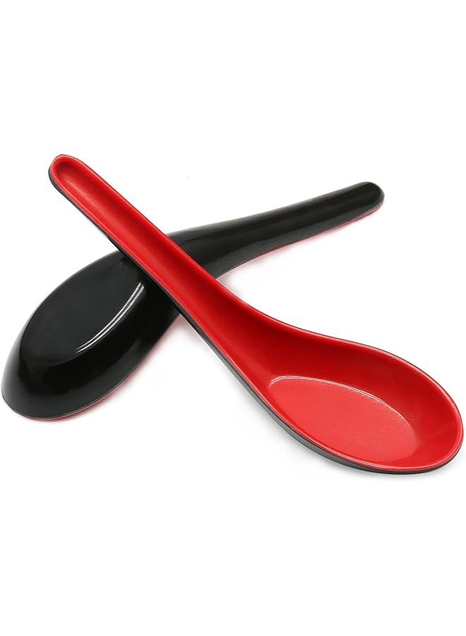 S-TOP 2PCS Asian Soup Spoons, Chinese Japanese Miso Ramen Wonton Dumpling Pho Rice Noodle Soba Soup Spoons, Red and Black Melamine Spoons - Image 1