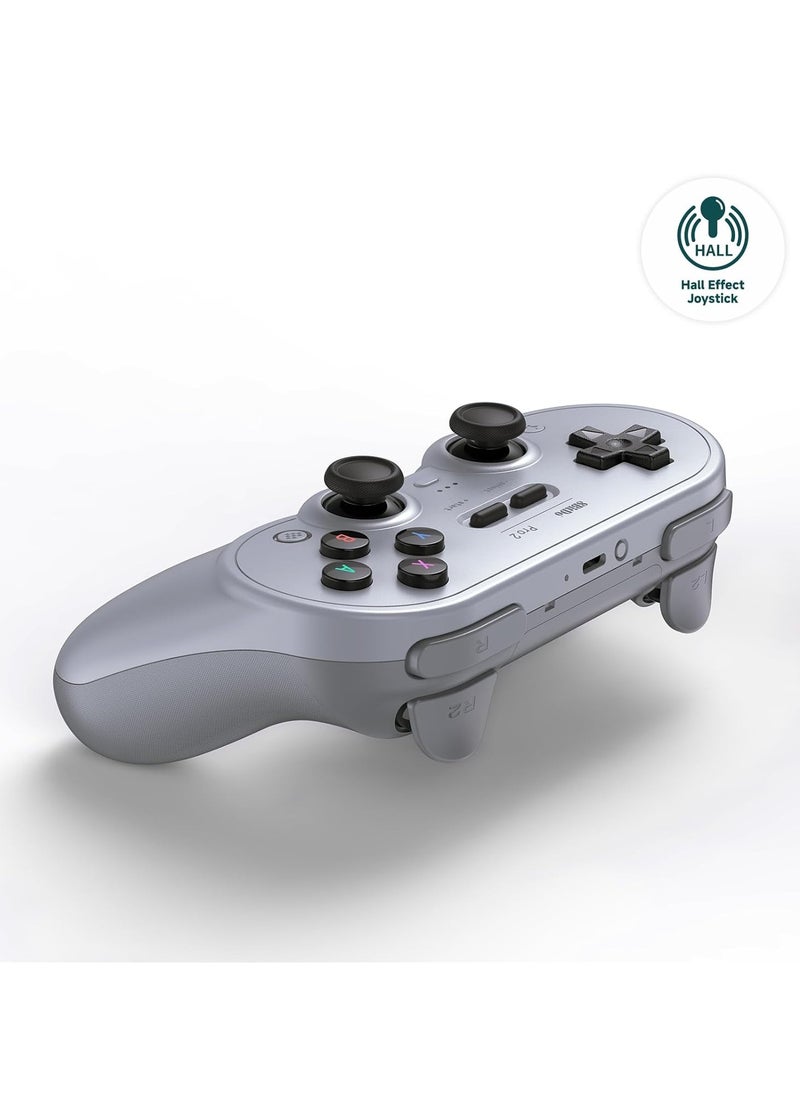 Generic - 8Bitdo Pro 2 Bluetooth Controller for Switch, Hall Effect Joystick Update, Wireless Gaming Controller for Switch, PC, Android, and Steam Deck & Apple (Grey) - Image 1