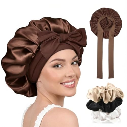 Candibella Silk Bonnet for Hair with 3 Scrunchies, Adjustable Hair Cap for Sleeping, Bonnet for Curly Hair with Wide Elastic Tie Band - Image 1