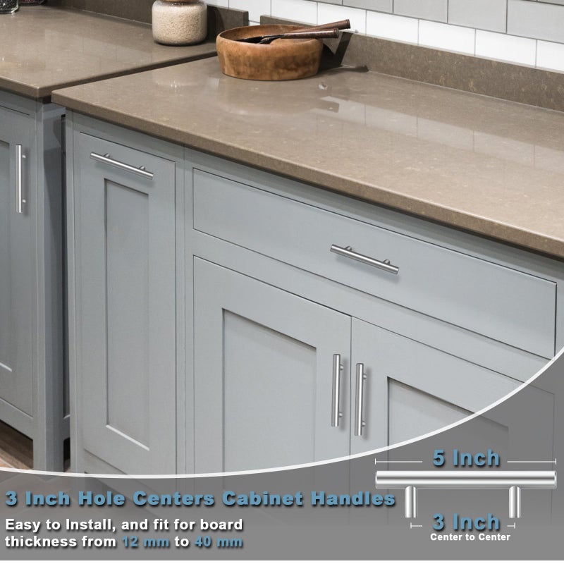 Estmoon 30 Pack Brushed Nickel Cabinet Handles 3 Inch Hole Center Drawer Pulls Stainless Steel Cabinet Pulls Silver Kitchen Handles Cabinet Hardware for Drawers, Cupboards - 5" Length, 3" Hole Center - Image 4