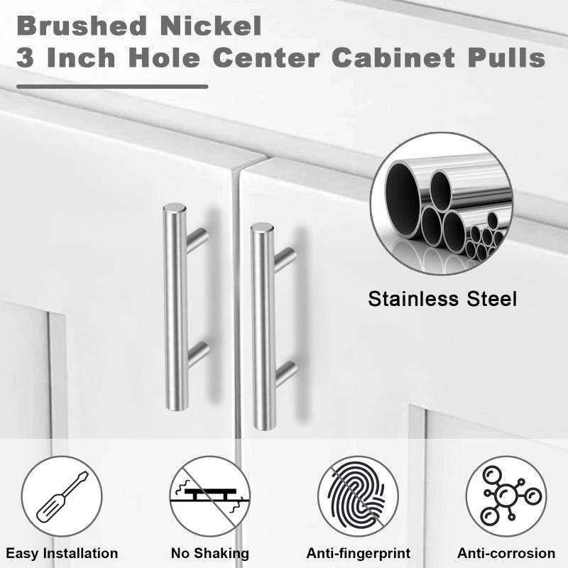 Estmoon 30 Pack Brushed Nickel Cabinet Handles 3 Inch Hole Center Drawer Pulls Stainless Steel Cabinet Pulls Silver Kitchen Handles Cabinet Hardware for Drawers, Cupboards - 5" Length, 3" Hole Center - Image 2