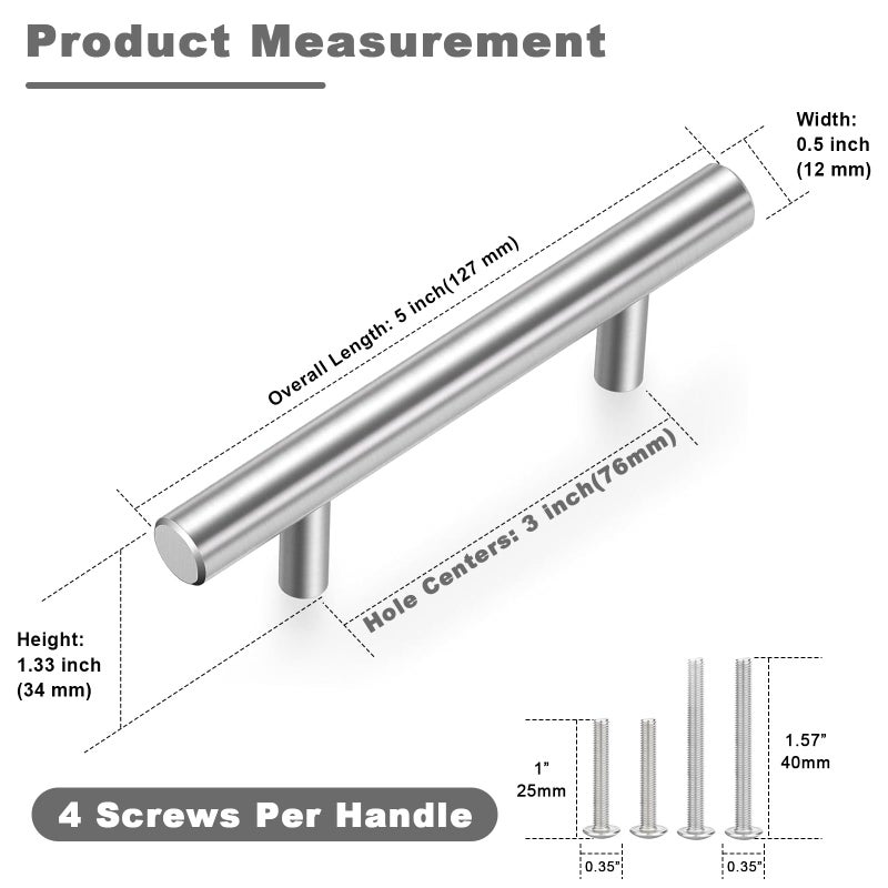 Estmoon 30 Pack Brushed Nickel Cabinet Handles 3 Inch Hole Center Drawer Pulls Stainless Steel Cabinet Pulls Silver Kitchen Handles Cabinet Hardware for Drawers, Cupboards - 5" Length, 3" Hole Center - Image 5