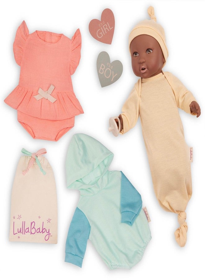 Lullababy لولا بيبي - دمية طفل واقعية بطول 14 بوصة - عيون بنية، لون بشرة دافئ وجسم ناعم قابل للعناق - ملحقات كشف جنس الطفل - لعب تمثيلي 2+ سنوات - دمية طفل لكشف الجنس - Image 1