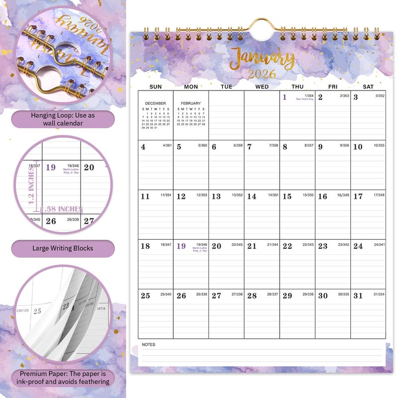 Indeme 2026 Calendar - 2026 Wall Calendar, 8.5" x 11", Jan 2026 - Dec 2026, 2026 Calendar Wall with Hanging Hook, Holidays and Julian Dates - Colorful Waterink - Image 3