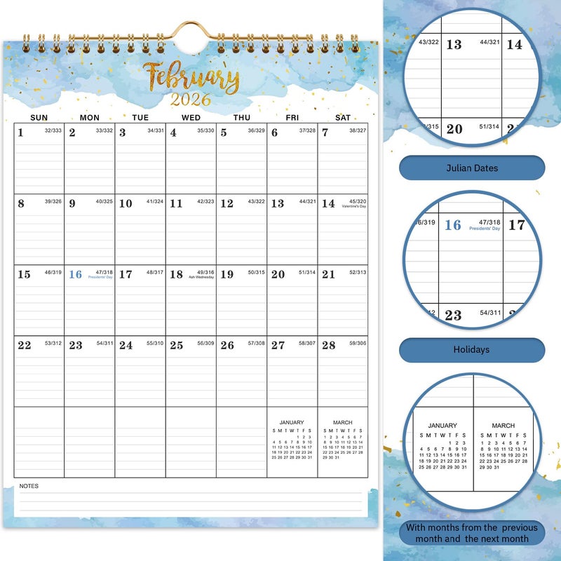 Indeme 2026 Calendar - 2026 Wall Calendar, 8.5" x 11", Jan 2026 - Dec 2026, 2026 Calendar Wall with Hanging Hook, Holidays and Julian Dates - Colorful Waterink - Image 4