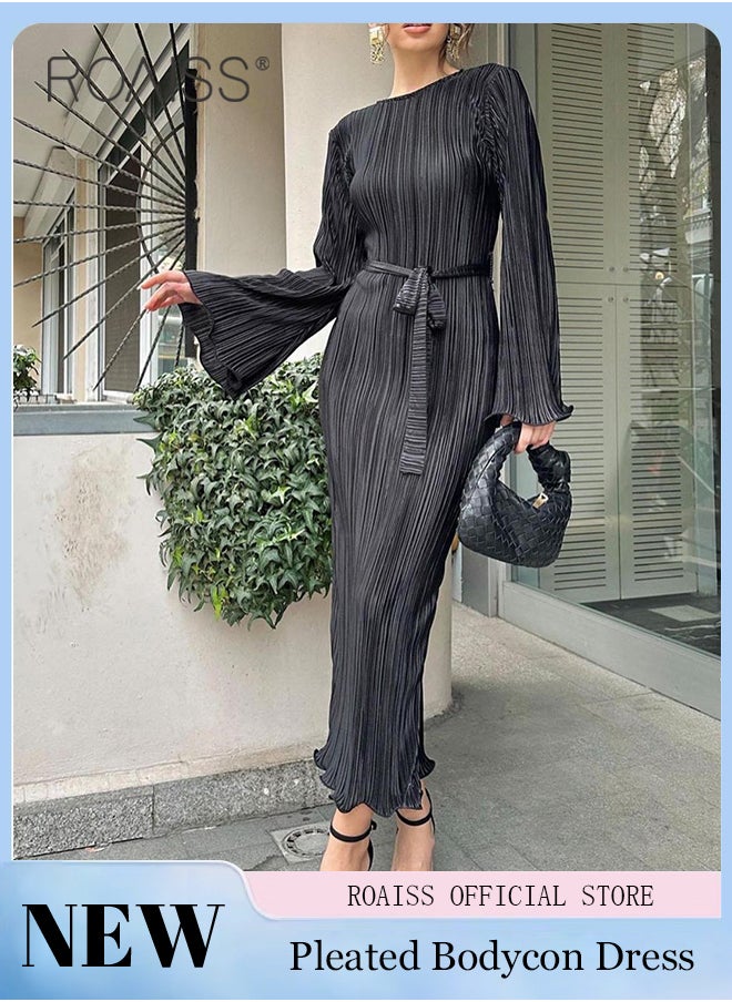 roaiss Trumpet Sleeve Ankle-Length Skirt for Women Crew Neck Advanced Waist Slim Pleated Long Sleeves Banquet Dress Ladies Elegant Temperament Comfortable Skin-Friendly Evening Gown Dress  - Image 2