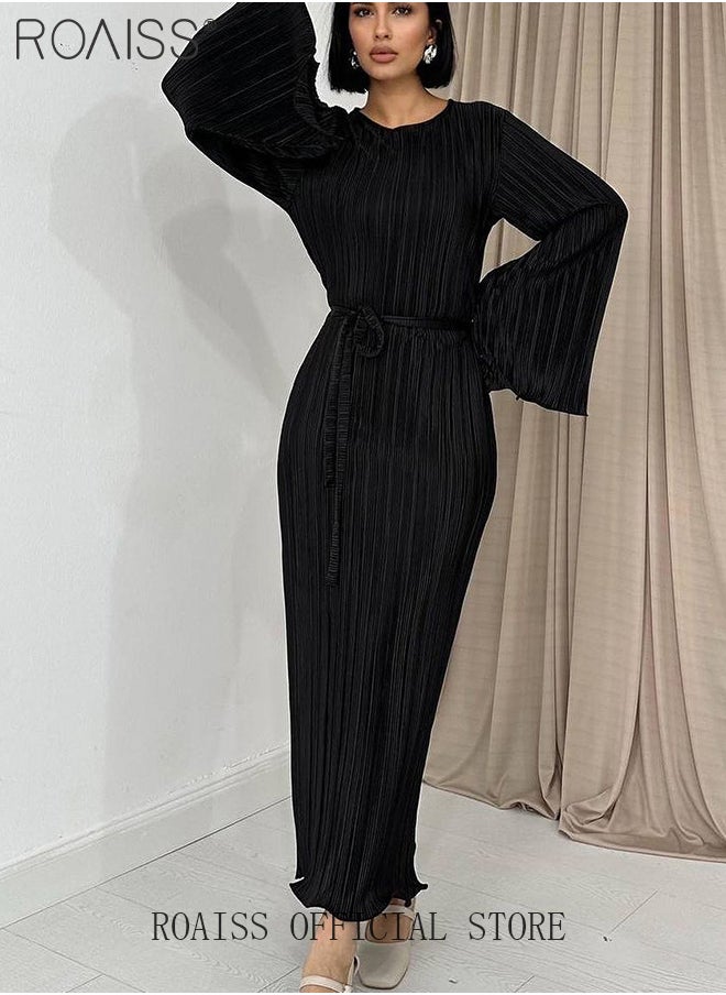 roaiss Trumpet Sleeve Ankle-Length Skirt for Women Crew Neck Advanced Waist Slim Pleated Long Sleeves Banquet Dress Ladies Elegant Temperament Comfortable Skin-Friendly Evening Gown Dress  - Image 4