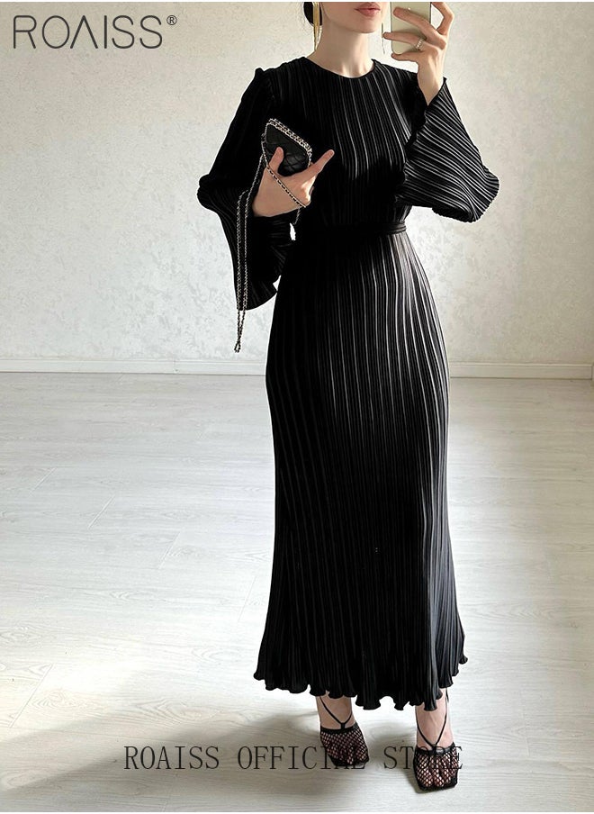 roaiss Trumpet Sleeve Ankle-Length Skirt for Women Crew Neck Advanced Waist Slim Pleated Long Sleeves Banquet Dress Ladies Elegant Temperament Comfortable Skin-Friendly Evening Gown Dress  - Image 5