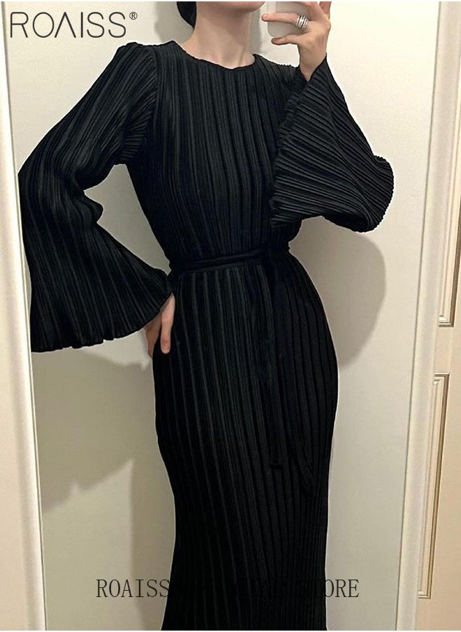 roaiss Trumpet Sleeve Ankle-Length Skirt for Women Crew Neck Advanced Waist Slim Pleated Long Sleeves Banquet Dress Ladies Elegant Temperament Comfortable Skin-Friendly Evening Gown Dress  - Image 3