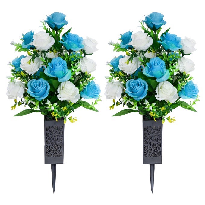 2 SETS ARTIFICIAL CEMETERY FLOWERSMEMORIAL FLOWERSBEAUTIFUL ARRANGEMENTS FOR HEADSTONESBLACK PLASTIC VASE WITH DRAINAGE HOLE LONG SPIKES OUTDOOR MEMORIALS BLUE AND WHITE