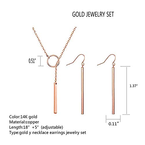 Dcfywl731 Minimal Dainty Gold Plated Dangle Earrings Layered Bar Pendant Neckalce Gold Long Y-Necklace Gold Earrings and Necklaces Set Delicate Lariat Chain Jewelry for Women - Image 2