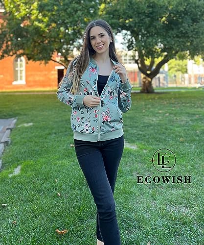 ECOWISH Women's Casual Floral Zip Up Bomber Jacket Coat Stand Collar Lightweight Short Outwear Tops Green S 832 Green Small - Image 3