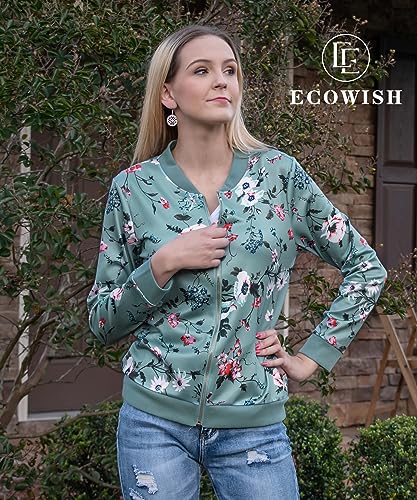 ECOWISH Women's Casual Floral Zip Up Bomber Jacket Coat Stand Collar Lightweight Short Outwear Tops Green S 832 Green Small - Image 4