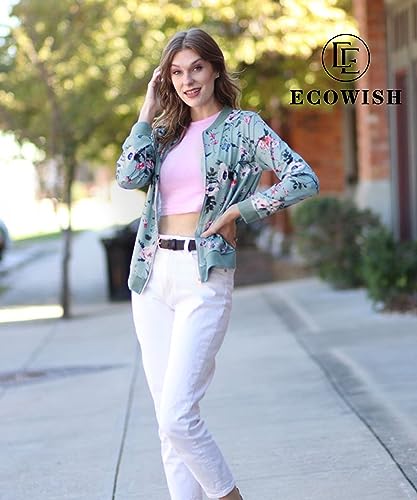ECOWISH Women's Casual Floral Zip Up Bomber Jacket Coat Stand Collar Lightweight Short Outwear Tops Green S 832 Green Small - Image 2