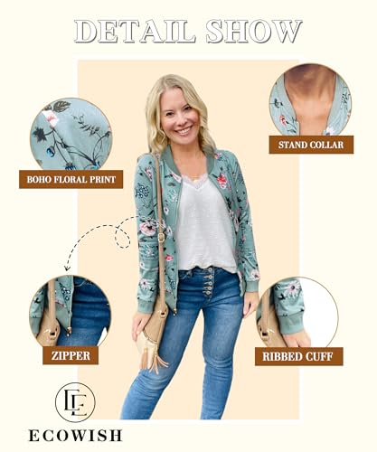 ECOWISH Women's Casual Floral Zip Up Bomber Jacket Coat Stand Collar Lightweight Short Outwear Tops Green S 832 Green Small - Image 5