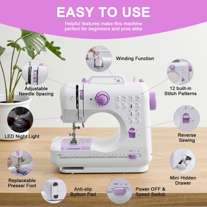 JUCVNB Sewing Machine for Beginners & Kids, Mini Portable Sewing Machines with 12 Built-in Stitch Patterns, 2-Speed Foot Pedal, Perfect for Teaching Daughter Granddaughter to Sew(with 27 Pieces Sewing Kit) - Image 2
