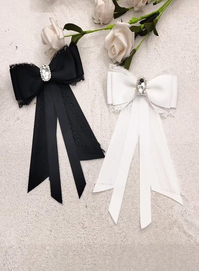 OIDIMS Fashion Ribbon Bow Tie Brooch Pins for Women Girls Crystal Lace Uniform Pre-Tied Necktie Bowknot Corsage Brooches Party Ceremony Accessories Christmas Birthday Elegant Accessory (Black) - Image 2