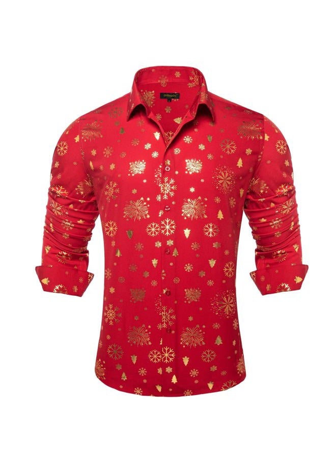 DiBanGu Christmas Shirts for Men Shiny Holiday Button Down Dress Shirts Xmas Festive Long Sleeve Shirt for Vacation Party, Red and Gold, L - Image 1
