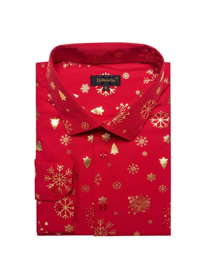 DiBanGu Christmas Shirts for Men Shiny Holiday Button Down Dress Shirts Xmas Festive Long Sleeve Shirt for Vacation Party, Red and Gold, L - Image 5