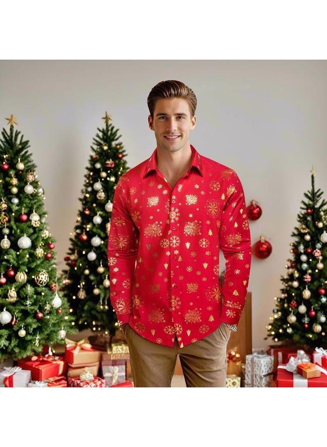 DiBanGu Christmas Shirts for Men Shiny Holiday Button Down Dress Shirts Xmas Festive Long Sleeve Shirt for Vacation Party, Red and Gold, L - Image 3