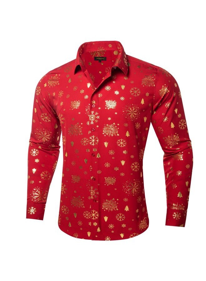 DiBanGu Christmas Shirts for Men Shiny Holiday Button Down Dress Shirts Xmas Festive Long Sleeve Shirt for Vacation Party, Red and Gold, L - Image 2