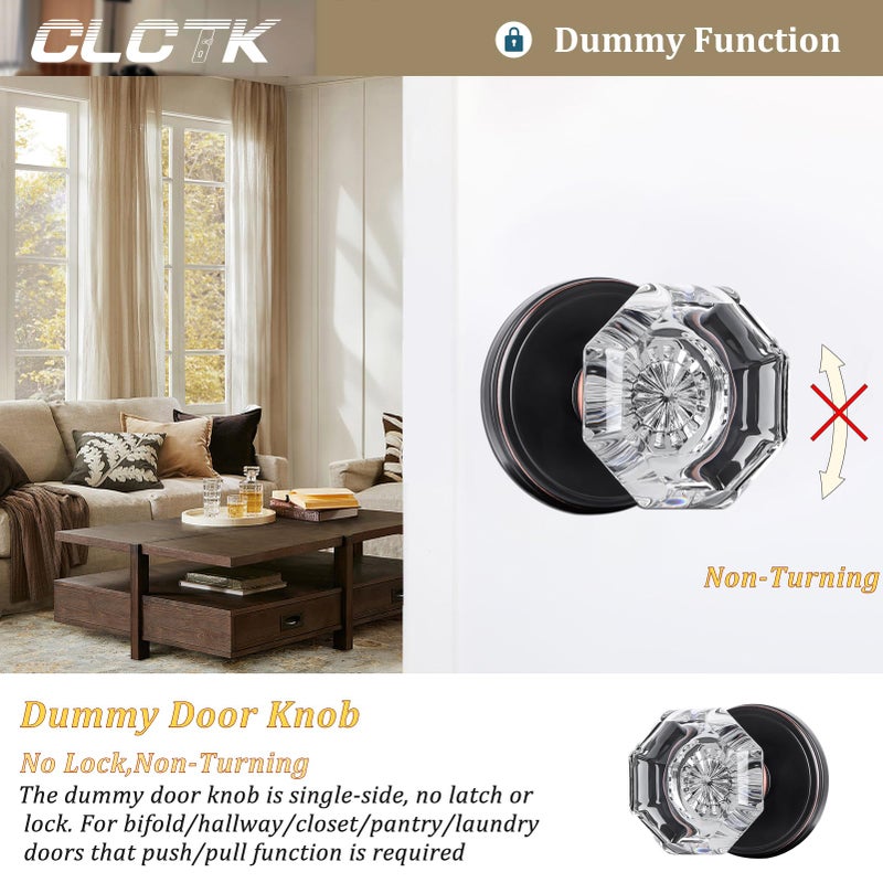 Clctk Crystal Glass Dummy Door Knob, Bifold Closet Oil Rubbed Bronze Door Knobs Round Dummy Door Handles Non-Turning Single Side, 4 Pack - Image 3
