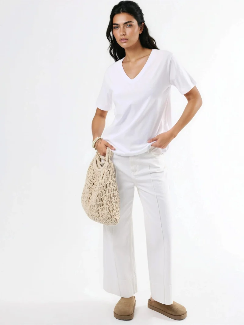 Busem White BUSEM V-Neck Solid Knit T-Shirt for Women | Best Price UAE
