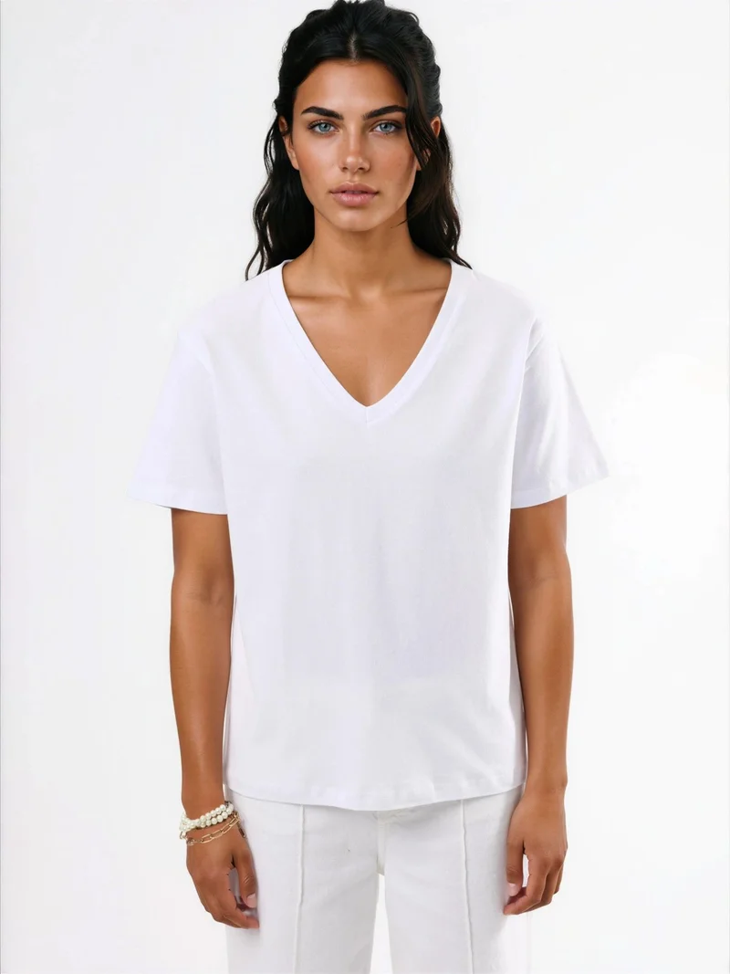 Busem White BUSEM V-Neck Solid Knit T-Shirt for Women | Best Price UAE