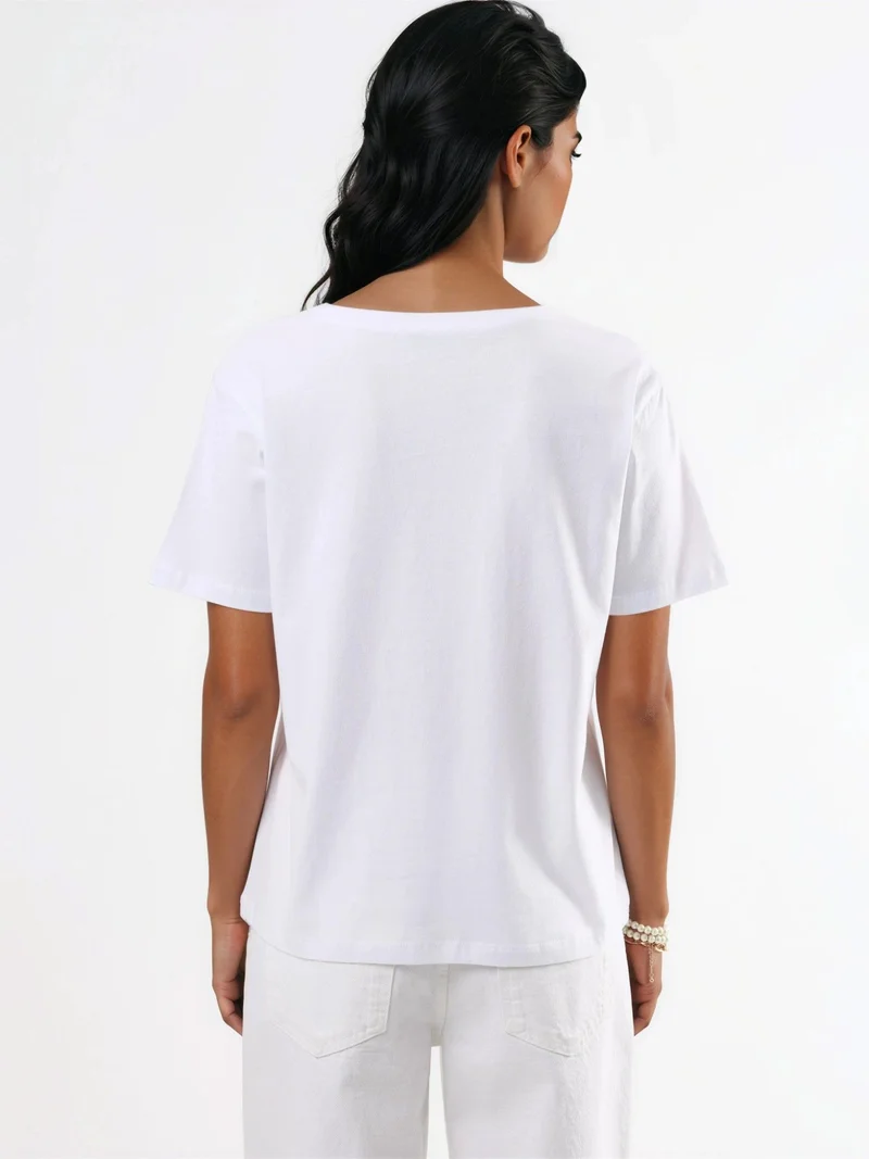 Busem White BUSEM V-Neck Solid Knit T-Shirt for Women | Best Price UAE