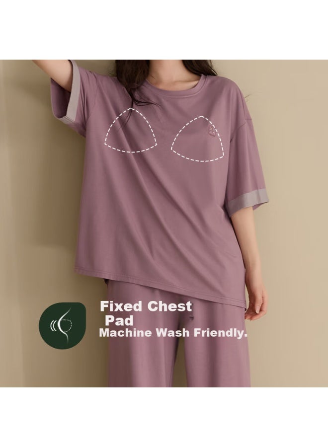 XULEN Xuanliang Women's Summer Modal Cotton Short Sleeve Seven-point Pants Plus Size Home Wear 63552 Mist Purple 3XL - Image 2