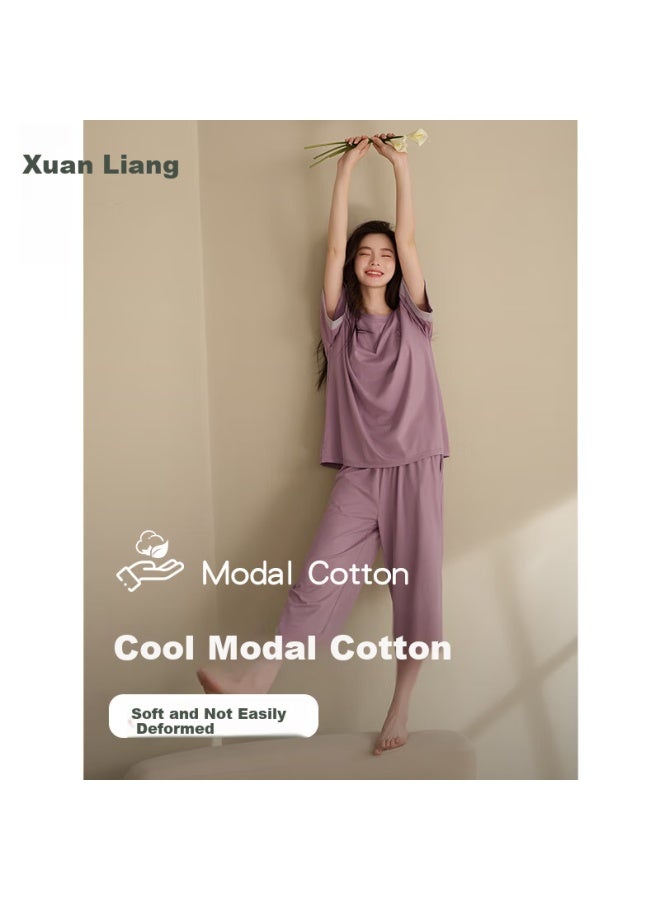XULEN Xuanliang Women's Summer Modal Cotton Short Sleeve Seven-point Pants Plus Size Home Wear 63552 Mist Purple 3XL - Image 1