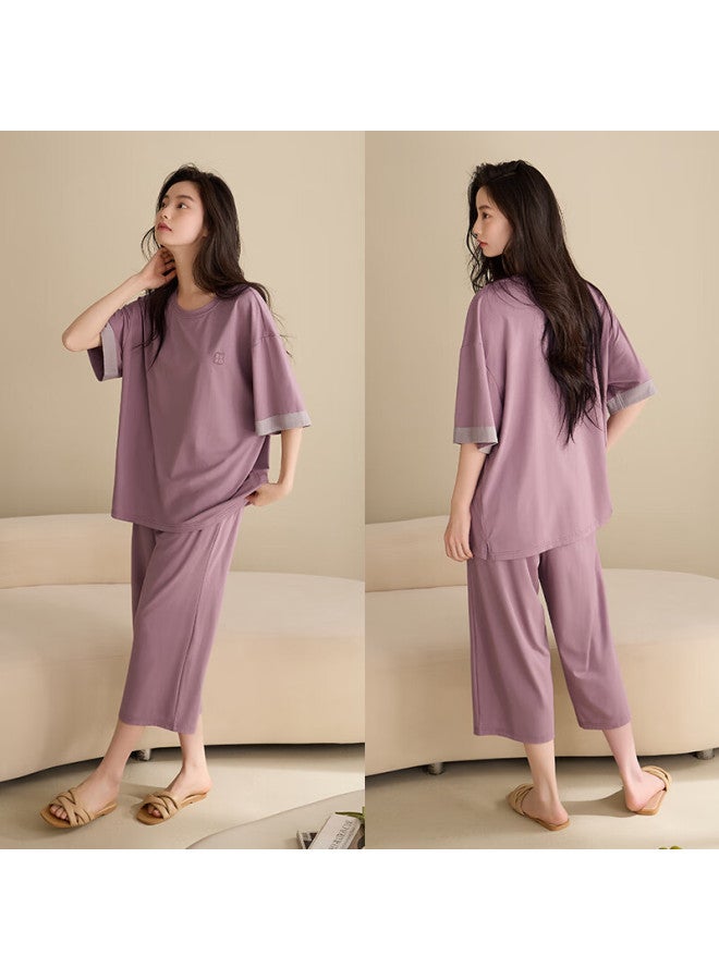 XULEN Xuanliang Women's Summer Modal Cotton Short Sleeve Seven-point Pants Plus Size Home Wear 63552 Mist Purple 3XL - Image 3