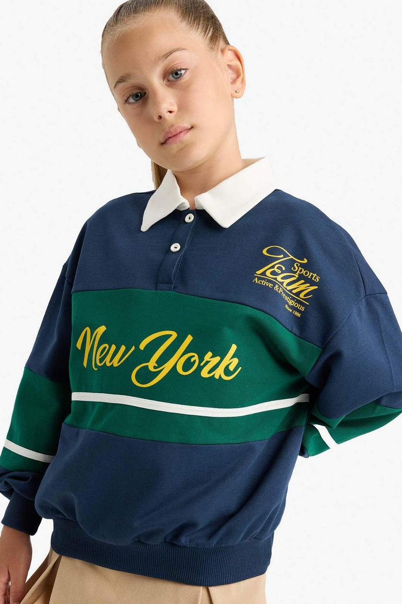 DeFacto Girl Relax Fit Polo Neck Printed Sweatshirt - Image 3