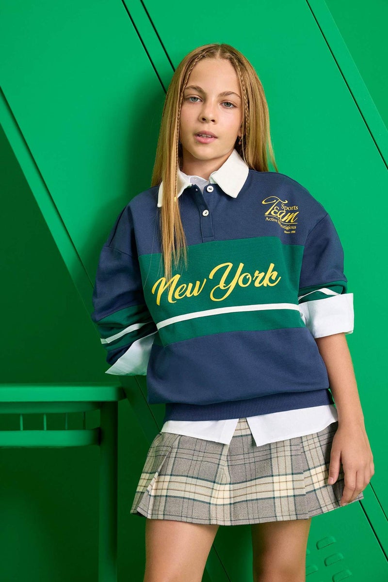DeFacto Girl Relax Fit Polo Neck Printed Sweatshirt - Image 1