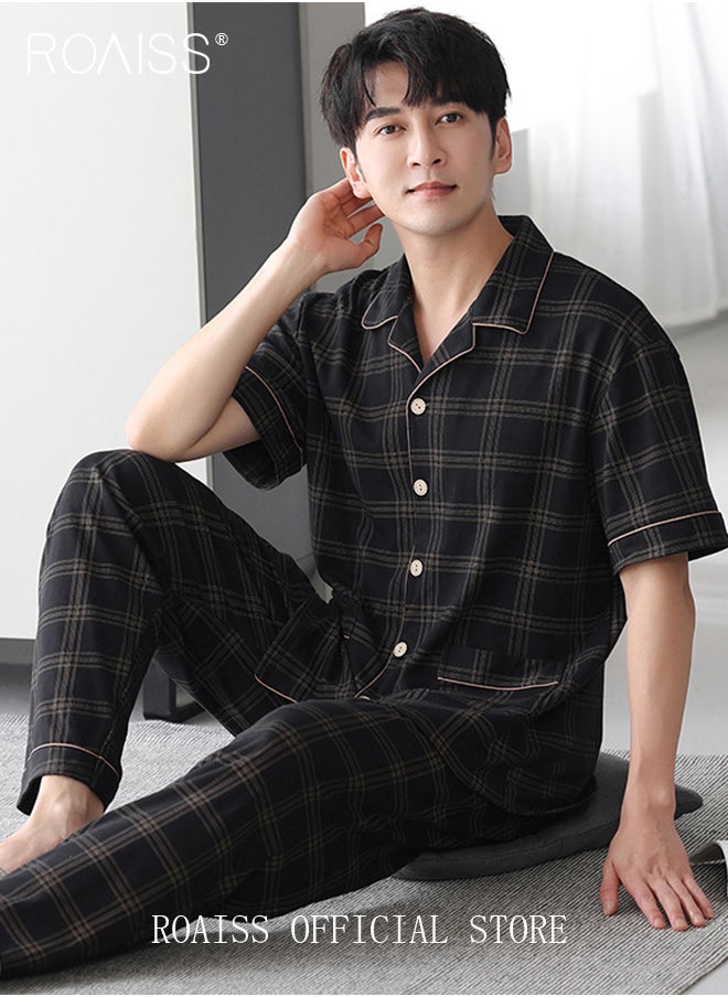 roaiss - 2-Piece Pajama Set Men's Cotton Short-Sleeved T-Shirt Long Pants Sets Grid Pattern Sleepwear Nightgown Male Loose Spring Summer Thin Loungewear Home Clothes - Image 1
