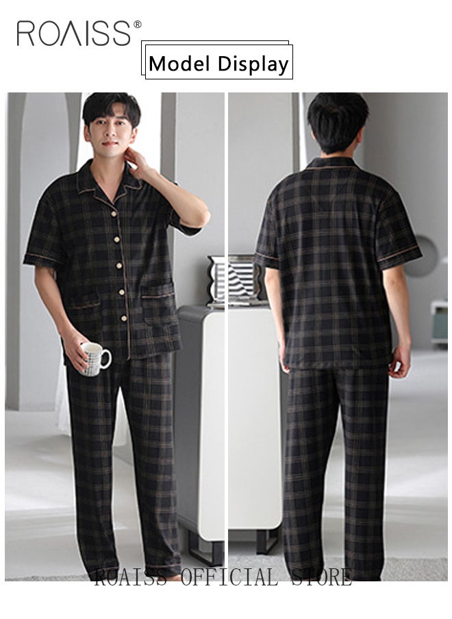 roaiss - 2-Piece Pajama Set Men's Cotton Short-Sleeved T-Shirt Long Pants Sets Grid Pattern Sleepwear Nightgown Male Loose Spring Summer Thin Loungewear Home Clothes - Image 1