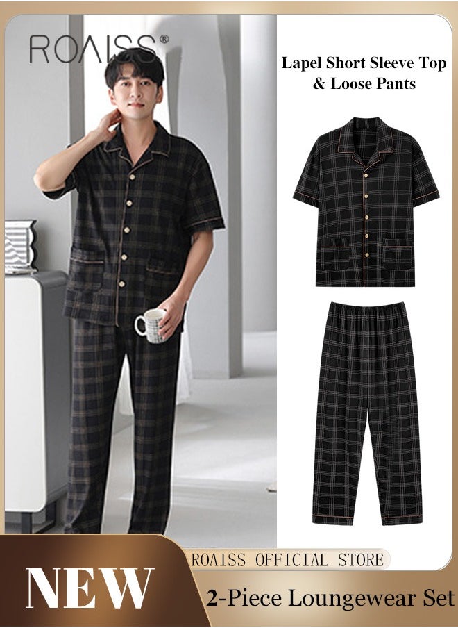 roaiss - 2-Piece Pajama Set Men's Cotton Short-Sleeved T-Shirt Long Pants Sets Grid Pattern Sleepwear Nightgown Male Loose Spring Summer Thin Loungewear Home Clothes - Image 1