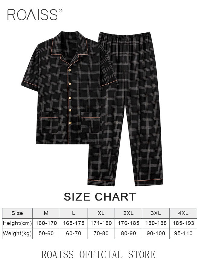 roaiss - 2-Piece Pajama Set Men's Cotton Short-Sleeved T-Shirt Long Pants Sets Grid Pattern Sleepwear Nightgown Male Loose Spring Summer Thin Loungewear Home Clothes - Image 1