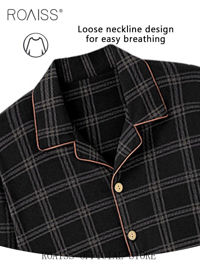 roaiss - 2-Piece Pajama Set Men's Cotton Short-Sleeved T-Shirt Long Pants Sets Grid Pattern Sleepwear Nightgown Male Loose Spring Summer Thin Loungewear Home Clothes - Image 1